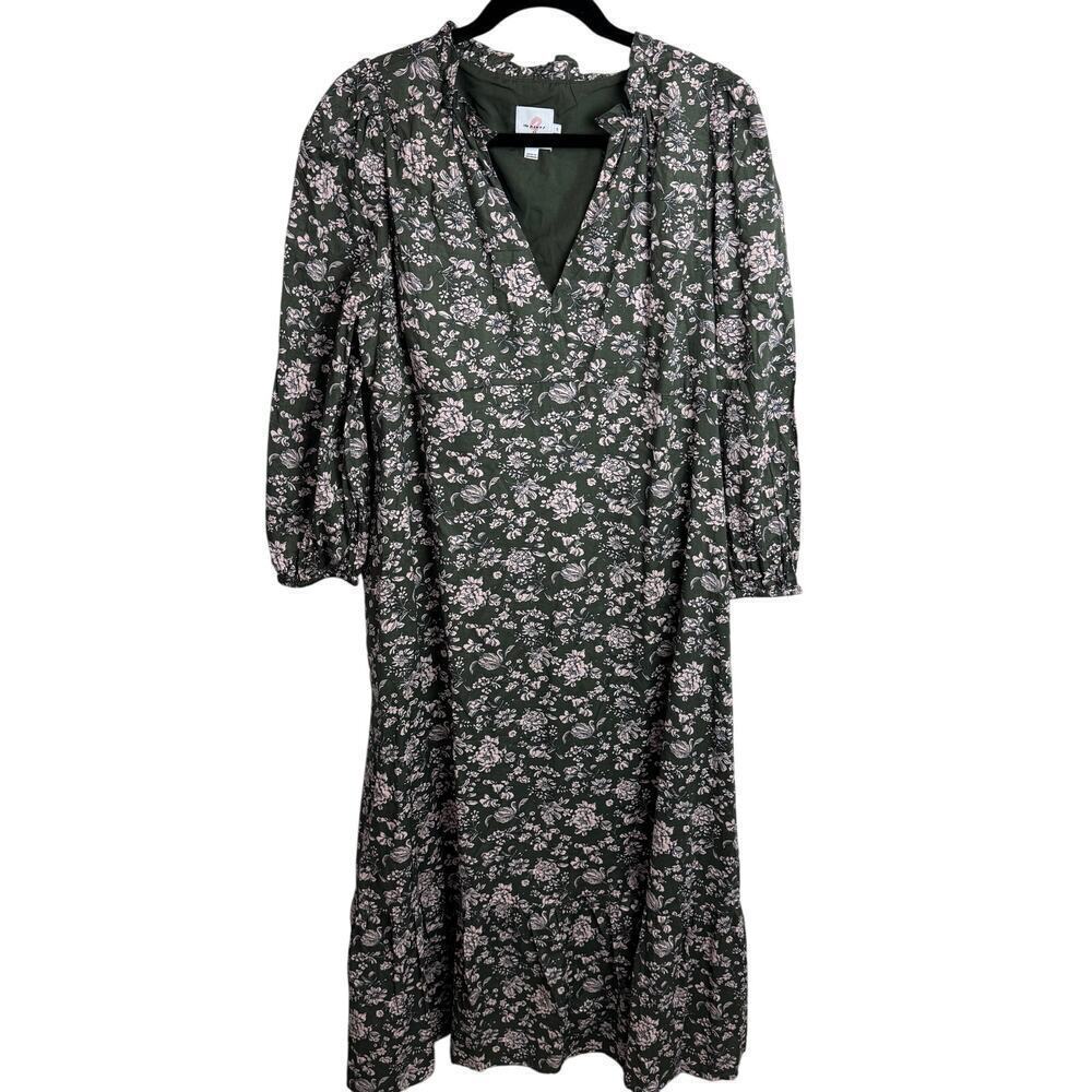 The Nines by HATCH Size M Maternity Olive Green/Pink Floral Tiered Dress Medium